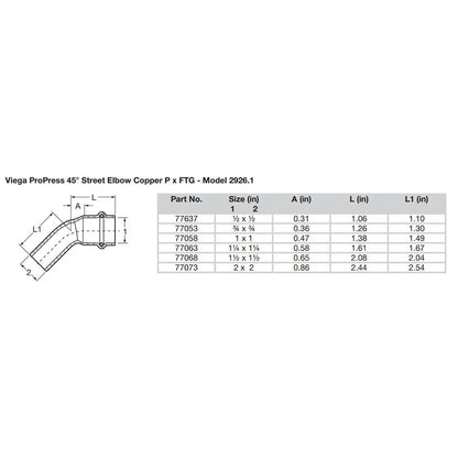 Viega ProPress 1-1/4’’ - 45 Copper Elbow - Street/Press Connection - Smart Connect Technology [77063] - Fittings