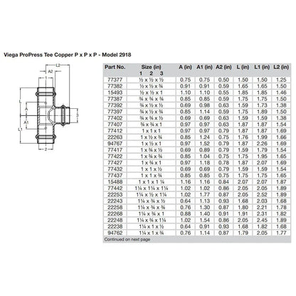 Viega ProPress 1-1/4’’ Copper Tee - Triple Press Connection - Smart Connect Technology [77442] - Fittings