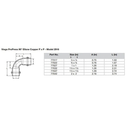 Viega ProPress 1/2’’ - 90 Copper Elbow - Double Press Connection - Smart Connect Technology [77317] - Fittings
