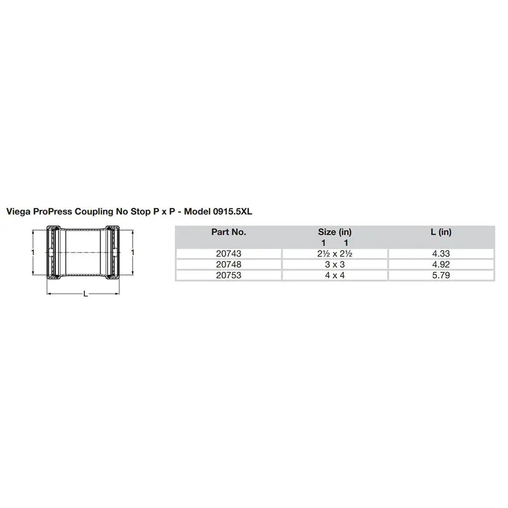 Viega ProPress 2-1/2’’ Copper Coupling w/o Stop - Double Press Connection - Smart Connect Technology [20743] - Fittings