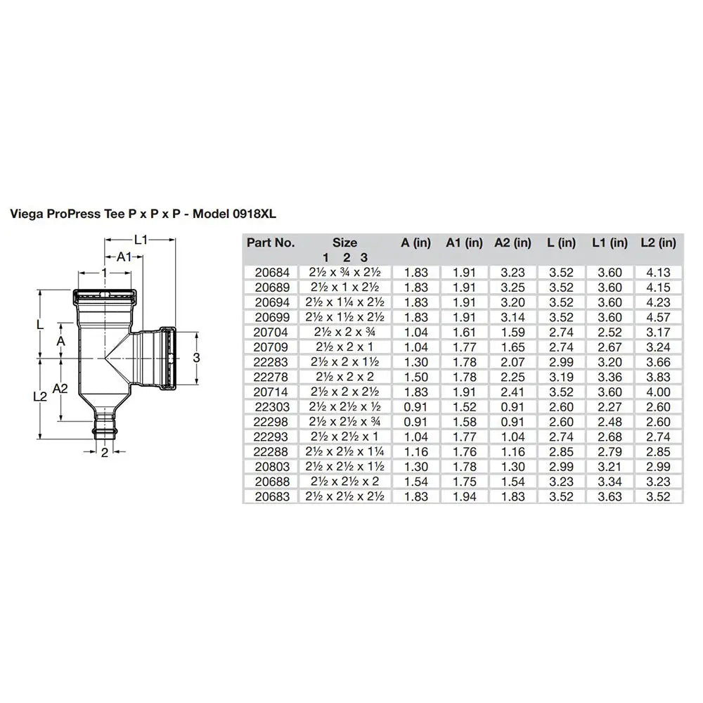 Viega ProPress 2-1/2’’ Copper Tee - Triple Press Connection - Smart Connect Technology [20683] - Fittings