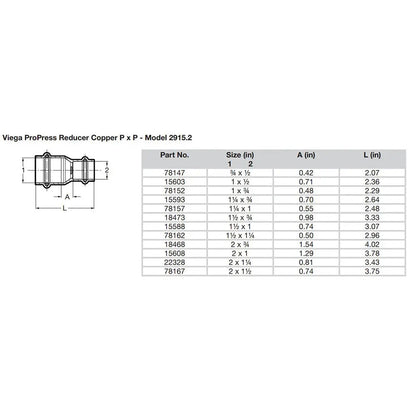 Viega ProPress 2’’ x 1-1/2’’ Copper Reducer - Double Press Connection - Smart Connect Technology [78167] - Fittings