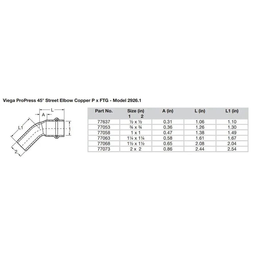 Viega ProPress 3/4’’ - 45 Copper Elbow - Street/Press Connection - Smart Connect Technology [77053] - Fittings